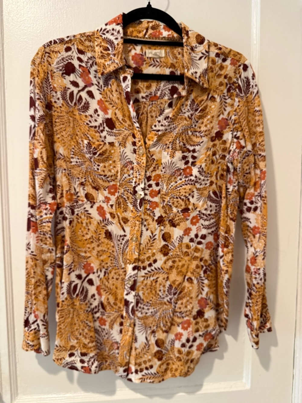 Pilcro Anthropologie Floral Button-Up Blouse in Mustard and Rust XS EUC
